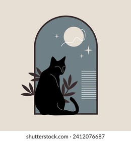 Vector Illustration Vintage Black Cat in Moonlight. Isolated. Halloween Decor, Whimsical Elegance. Feline Charm