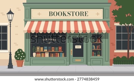 Vector illustration of a vintage bookstore storefront with a classic green facade, striped awning, and display windows full of books.