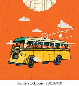 Vector illustration with vintage bus on the background clouds and texture.