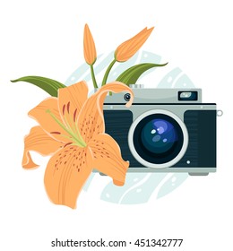 Vector illustration of vintage camera and lily.