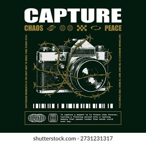 Ilustración vectorial de una cámara vintage envuelta en alambre de púas, mezclando temas de caos y paz en el Diseño gráfico de streetwear de arte gráfico para la Plantilla de diseño de impresión de camiseta y obras de arte de distorsión.