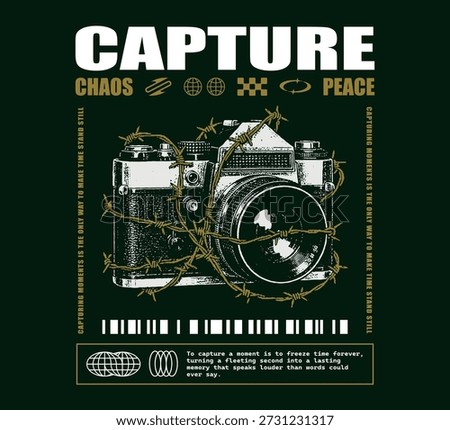 Vector illustration of A vintage camera wrapped in barbed wire, blending themes of chaos and peace in graphic art streetwear graphic design for t-shirt print design template and distortion artwork.