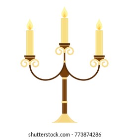 Vector illustration of vintage candelabrum isolated on white background. Candelabra in flat style. Glowing candles in chandelier.