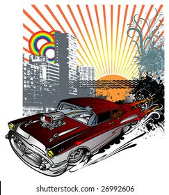 Vector illustration of vintage car against a city