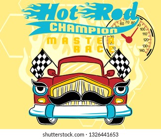 Vector illustration of vintage car cartoon with moustache on flame background