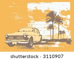 vector illustration of vintage car on the beach with palms and sunset