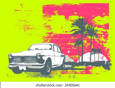 Vector illustration of vintage car on the beach with palms and sunset