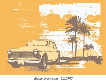 vector illustration of vintage car on the beach with palms and sunset