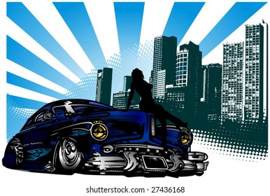 Vector illustration of vintage car and silhouette girl