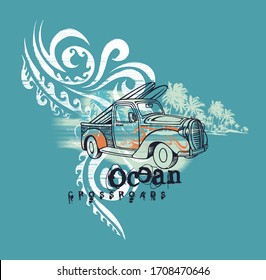 Vector illustration of vintage car and surfing motifs.