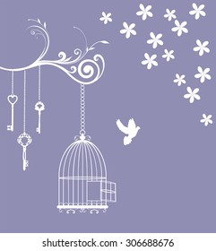 vector illustration of a vintage card with cage open and keys