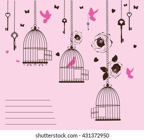 vector illustration of a vintage card with cages and birds