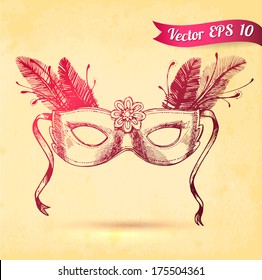Vector illustration. vintage carnival  mask on paper background. ornate carnival mask