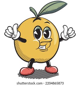 vector illustration of vintage cartoon character of orange fruit two thumbs up
