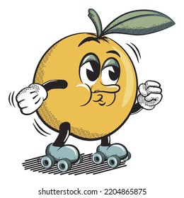 vector illustration of vintage cartoon character of orange fruit playing roller skating