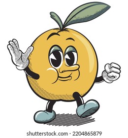 vector illustration of vintage cartoon character of orange fruit walking and greeting
