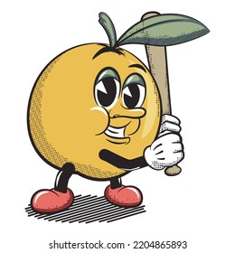 Vector Illustration Of Vintage Cartoon Character Of Orange Fruit Playing Baseball Holding A Bat