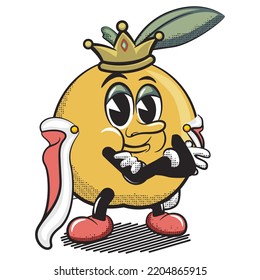 vector illustration of vintage cartoon character of orange fruit becoming a king