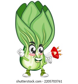 vector illustration of vintage cartoon character of lettuce Bok choy screaming over loudspeaker