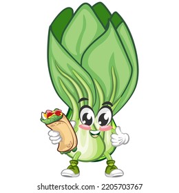 vector illustration of vintage cartoon character of Bok choy lettuce with delicious burrito