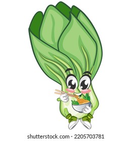 vector illustration of vintage cartoon character of lettuce Bok choy eating a bowl of noodles with chopsticks