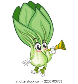 vector illustration of vintage cartoon character of lettuce Bok choy blowing party trumpet