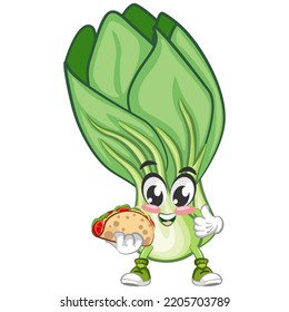 vector illustration of vintage cartoon character of lettuce Bok choy with delicious tacos