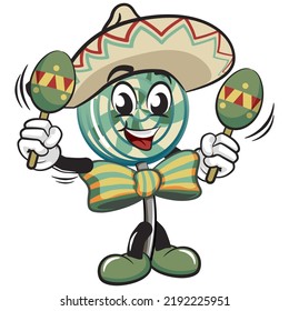 vector illustration of a vintage cartoon lollipop wearing sombrero and playing maracas
