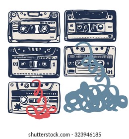 Vector illustration with vintage cassettes, tapes,  old music. 