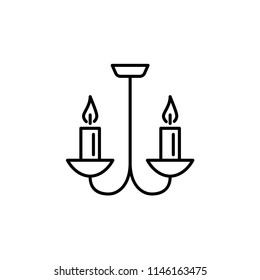 Vector illustration of vintage ceiling lamp. Line icon of chandelier with 2 candle lights. Home lighting. Isolated object on white background.
