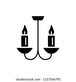 Vector illustration of vintage ceiling lamp. Flat icon of chandelier with 2 candle lights. Home lighting. Isolated object on white background.