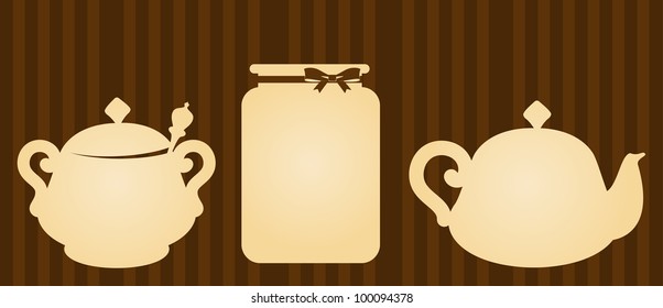 Vector illustration of vintage ceramic tea pots with jar