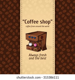 Ilustración vectorial de fondos de café vintage. Máquina automática para café con dos Pequeños círculos. Menú para restaurante, cafetería, bar, cafetería. Patrón sin fisuras, textura de los granos de café.