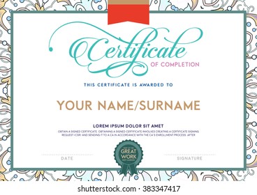 Vector illustration of vintage color and floral print detailed certificate.
