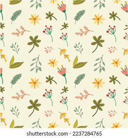 Vector Illustration vintage color and hand drawn blooming flowers, botanical leaves, various types of flowers with polka dots seamless pattern art style. Design for fashion, fabric, textile, paper