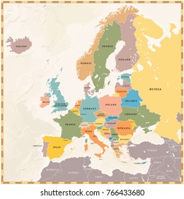 Vector illustration of a Vintage Colored Europe map with colored european countries and dark extraeuropean countries