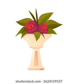 Vector illustration of vintage column with red roses and foliage. Decorative ornament for events, wedding, parties. Interior. Flat cartoon style. Isolated background. Icon.