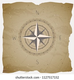 Vector illustration with a vintage compass or wind rose on grunge background. With basic directions North, East, South and West.