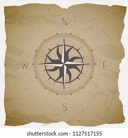 Vector illustration with a vintage compass or wind rose on grunge background. With basic directions North, East, South and West.