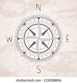 Vector illustration with a vintage compass or wind rose on grunge background. With basic directions North, East, South and West.