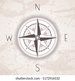 Vector illustration with a vintage compass or wind rose on grunge background. With basic directions North, East, South and West.