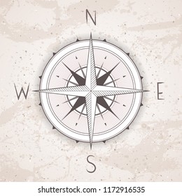 Vector illustration with a vintage compass or wind rose on grunge background. With basic directions North, East, South and West.