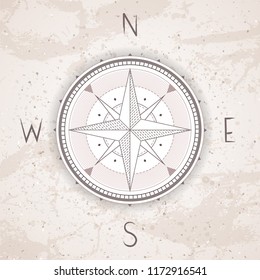 Vector illustration with a vintage compass or wind rose on grunge background. With basic directions North, East, South and West.