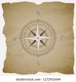 Vector illustration with a vintage compass or wind rose on grunge background. With basic directions North, East, South and West.