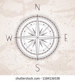 Vector illustration with a vintage compass or wind rose on grunge background. With basic directions North, East, South and West.