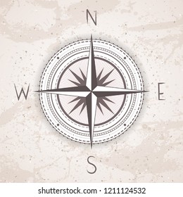 Vector illustration with a vintage compass or wind rose on grunge background. With basic directions North, East, South and West.