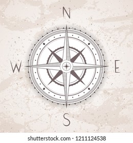 Vector illustration with a vintage compass or wind rose on grunge background. With basic directions North, East, South and West.