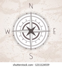 Vector illustration with a vintage compass or wind rose on grunge background. With basic directions North, East, South and West.