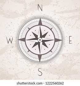 Vector illustration with a vintage compass or wind rose on grunge background. With basic directions North, East, South and West.