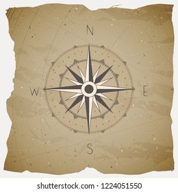 Vector illustration with a vintage compass or wind rose on grunge background. With basic directions North, East, South and West.